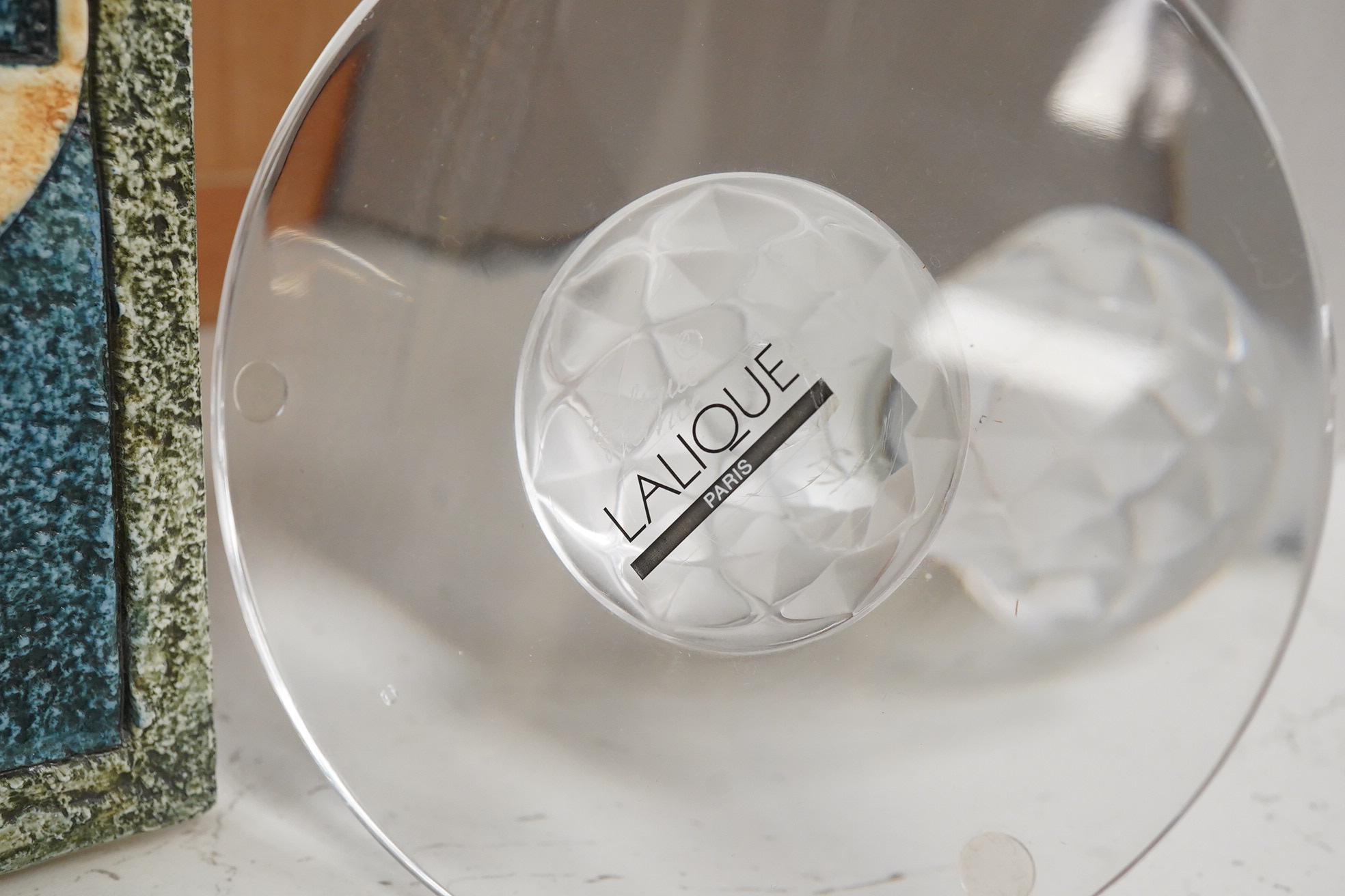 A modern Lalique glass candlestick, signed to the base, with original box, 20cm high